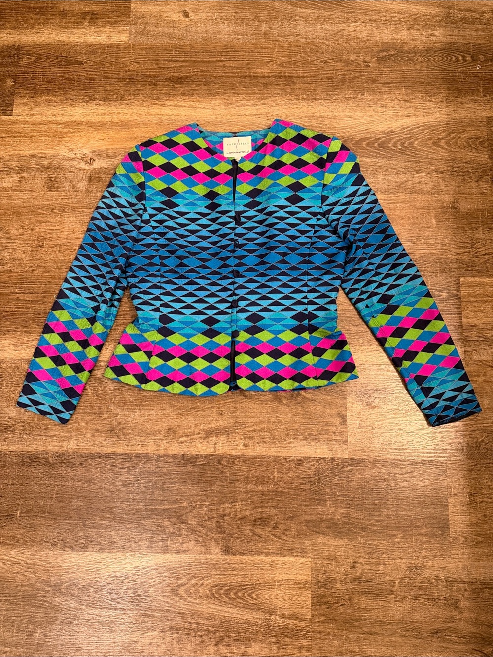 100% Safe Silk by Adrienne Papell Colorful Geometric Pattern Women's Jacket